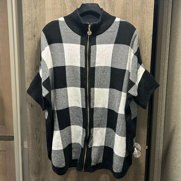 ANNE KLEIN Zip Front Plaid Sweater - Picture 1 of 6